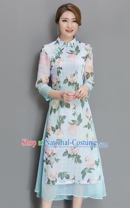 Traditional Chinese National Costume, Elegant Hanfu Mandarin Qipao Printing White Dress, China Tang Suit Stand Collar Cheongsam Upper Outer Garment Elegant Dress Clothing for Women