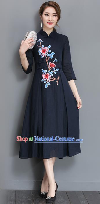 Traditional Chinese National Costume, Elegant Hanfu Mandarin Qipao Printing Peony Navy Plated Buttons Dress, China Tang Suit Stand Collar Cheongsam Upper Outer Garment Elegant Dress Clothing for Women