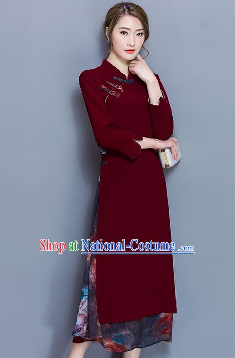 Traditional Ancient Chinese National Costume, Elegant Hanfu Mandarin Qipao Printing Red Plated Buttons Dress, China Tang Suit Stand Collar Cheongsam Upper Outer Garment Elegant Dress Clothing for Women