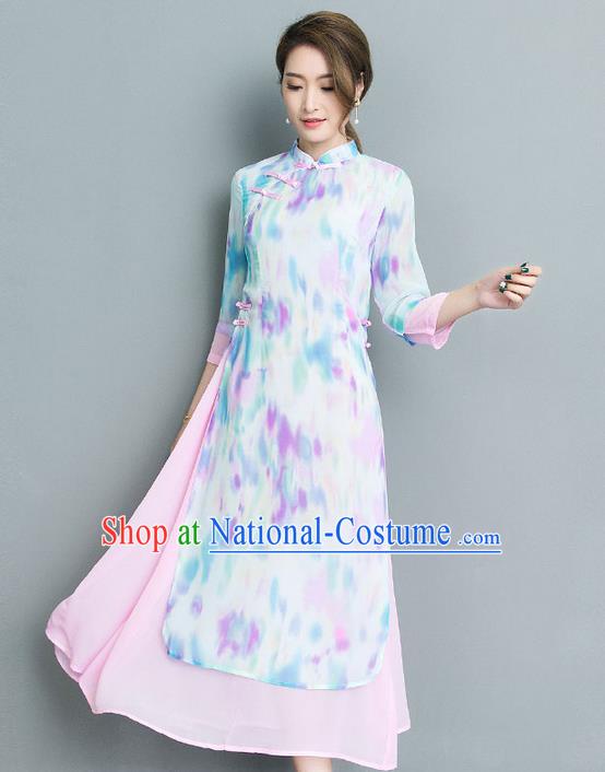 Traditional Ancient Chinese National Costume, Elegant Hanfu Mandarin Qipao Printing Stand Collar Big Swing White Dress, China Tang Suit Cheongsam Upper Outer Garment Elegant Dress Clothing for Women