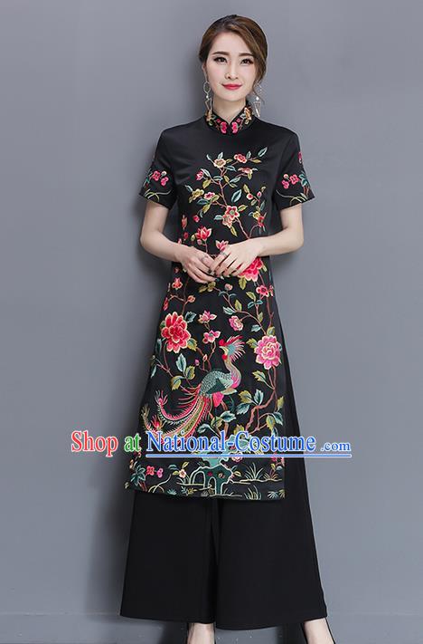 Traditional Ancient Chinese National Costume, Elegant Hanfu Mandarin Qipao Embroidered Black Dress and Loose Pants Complete Set, China Tang Suit Cheongsam Upper Outer Garment Elegant Dress Clothing for Women