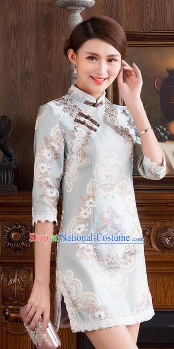 Traditional Ancient Chinese National Costume, Elegant Hanfu Mandarin Qipao Embroidery Stand Collar Dress, China Tang Suit Slant Opening Cheongsam Upper Outer Garment Elegant Dress Clothing for Women