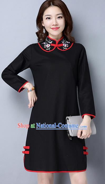 Traditional Ancient Chinese National Costume, Elegant Hanfu Mandarin Qipao Linen Stand Collar Black Dress, China Tang Suit Short Cheongsam Upper Outer Garment Elegant Dress Clothing for Women