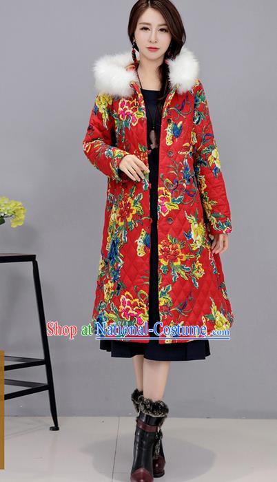 Traditional Ancient Chinese National Costume, Elegant Hanfu Stand Collar Coat Red Cotton Wadded Robes, China Tang Suit Plated Buttons Cape, Upper Outer Garment Dust Coat Clothing for Women