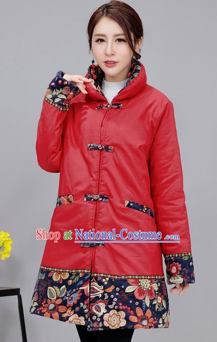 Traditional Ancient Chinese National Costume, Elegant Hanfu Stand Collar Red Cotton Wadded Coat, China Tang Suit Plated Buttons Cape, Upper Outer Garment Dust Coat Clothing for Women