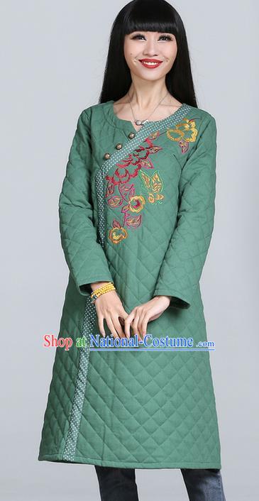 Traditional Chinese National Costume, Elegant Hanfu Cotton Wadded Embroidered Green Dress, China Tang Suit Chirpaur Cheongsam Garment Elegant Dress Clothing for Women