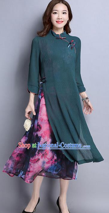 Traditional Chinese National Costume, Elegant Hanfu Mandarin Qipao Printing Slant Opening Green Dress, China Tang Suit Plated Buttons Cheongsam Upper Outer Garment Elegant Dress Clothing for Women