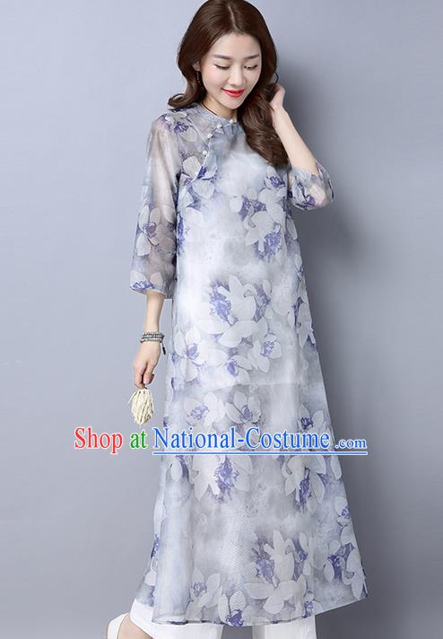 Traditional Chinese National Costume, Elegant Hanfu Mandarin Qipao Printing Slant Opening White Dress, China Tang Suit Plated Buttons Cheongsam Upper Outer Garment Elegant Dress Clothing for Women