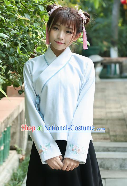 Traditional Chinese National Costume, Elegant Hanfu Embroidery Flowers Sleeve Slant Opening Blue T-Shirt, China Tang Suit Chirpaur Blouse Cheong-sam Upper Outer Garment Qipao Shirts Clothing for Women