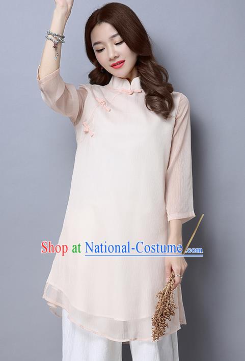 Traditional Chinese National Costume, Elegant Hanfu Slant Opening Pink T-Shirt, China Tang Suit Chirpaur Blouse Cheong-sam Upper Outer Garment Qipao Shirts Clothing for Women