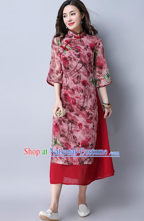 Traditional Ancient Chinese National Costume, Elegant Hanfu Mandarin Qipao Stand Collar Printing Red Dress, China Tang Suit Improved Cheongsam Upper Outer Garment Elegant Dress Clothing for Women