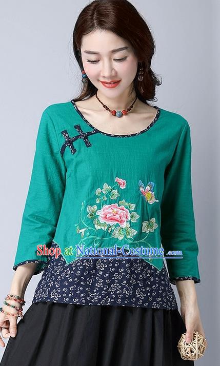 Traditional Chinese National Costume, Elegant Hanfu Embroidery Flowers Round Collar Green T-Shirt, China Tang Suit Plated Buttons Chirpaur Blouse Cheong-sam Upper Outer Garment Qipao Shirts Clothing for Women