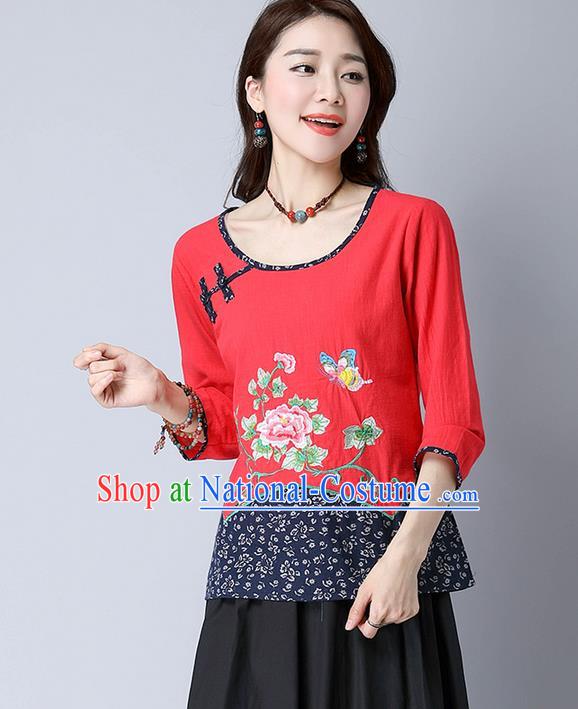 Traditional Chinese National Costume, Elegant Hanfu Embroidery Flowers Round Collar Red T-Shirt, China Tang Suit Plated Buttons Chirpaur Blouse Cheong-sam Upper Outer Garment Qipao Shirts Clothing for Women