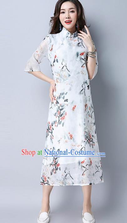 Traditional Ancient Chinese National Costume, Elegant Hanfu Mandarin Qipao Printing White Dress, China Tang Suit Cheongsam Upper Outer Garment Elegant Dress Clothing for Women