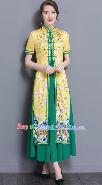 Traditional Ancient Chinese National Costume, Elegant Hanfu Silk Qipao Printing Stand Collar Two Piece Ao Dai Dress, China Tang Suit Cheongsam Garment Elegant Dress Clothing for Women