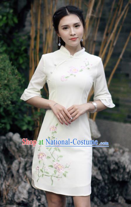 Traditional Ancient Chinese National Costume, Elegant Hanfu Linen Embroidered White Short Cheongsam Dress, China Tang Suit Upper Outer Garment Elegant Dress Clothing for Women