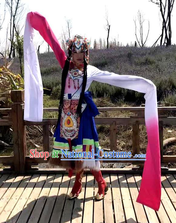 Traditional Chinese Zang Nationality Dancing Costume, Tibetan Female Folk Dance Ethnic Water Sleeve Pleated Skirt, Chinese Tibetan Minority Nationality Embroidery Costume for Women