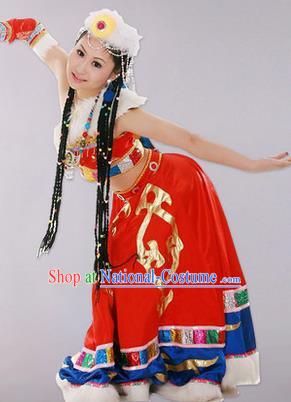 Traditional Chinese Zang Nationality Dancing Costume, Tibetan Female Folk Dance Ethnic Skirt, Chinese Tibetan Minority Nationality Embroidery Costume for Women