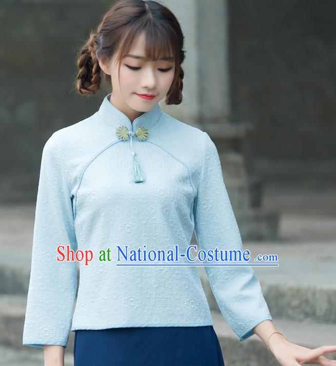 Traditional Chinese National Costume, Elegant Hanfu Jacquard Weave Blue T-Shirt, China Tang Suit Republic of China Plated Buttons Chirpaur Blouse Cheong-sam Upper Outer Garment Qipao Shirts Clothing for Women