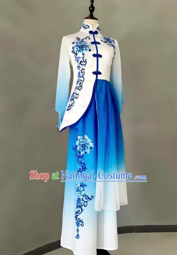 Traditional Chinese Ancient Peking Opera Water Sleeve Dancing Costume, Blue and White Porcelain Classical Folk Dance Costume Lotus Dance Clothing for Women