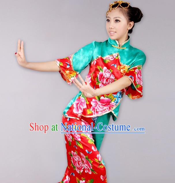 Traditional Chinese Yangge Fan Dancing Costume Complete Set, Folk Dance Yangko Costume Drum Dance Clothing for Women