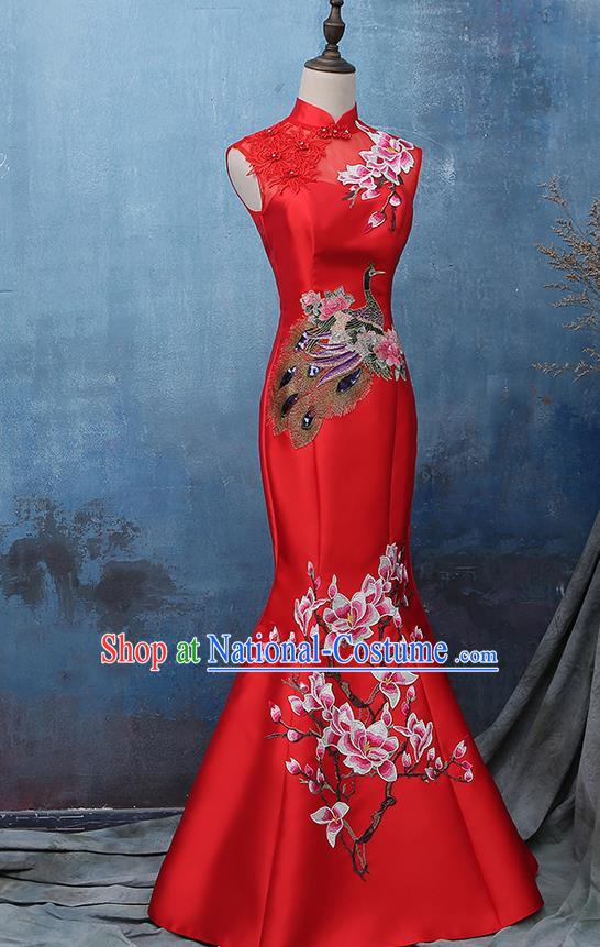 Traditional Ancient Chinese Costume, Chinese Style Wedding Full Dress Red Restoring Dragon and Phoenix Flown Bride Toast Cheongsam for Women