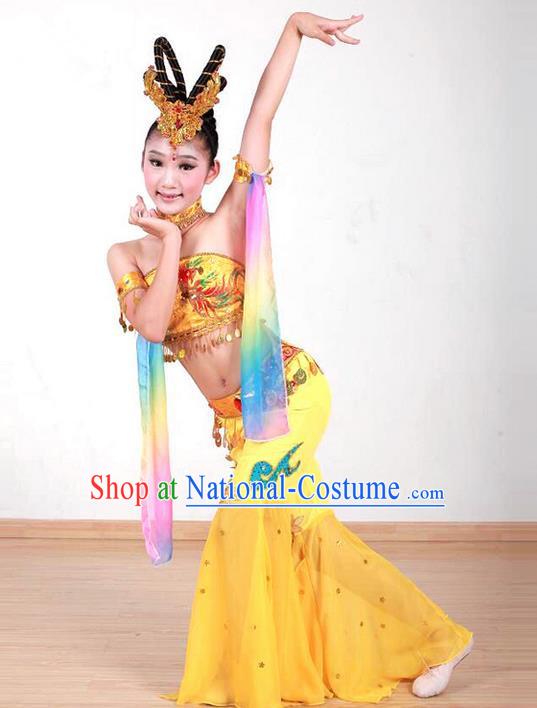 Traditional Chinese Ancient Water Sleeve Dancing Children Girls Costume, Tang Dynasty Classical Flying Dance Costume Dance Clothing for Kids