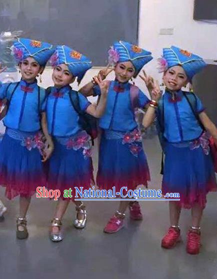 Traditional Chinese Zhuang Nationality Dancing Costume, Children Folk Dance Ethnic Pleated Skirt, Chinese Minority Nationality Embroidery Costume for Kids