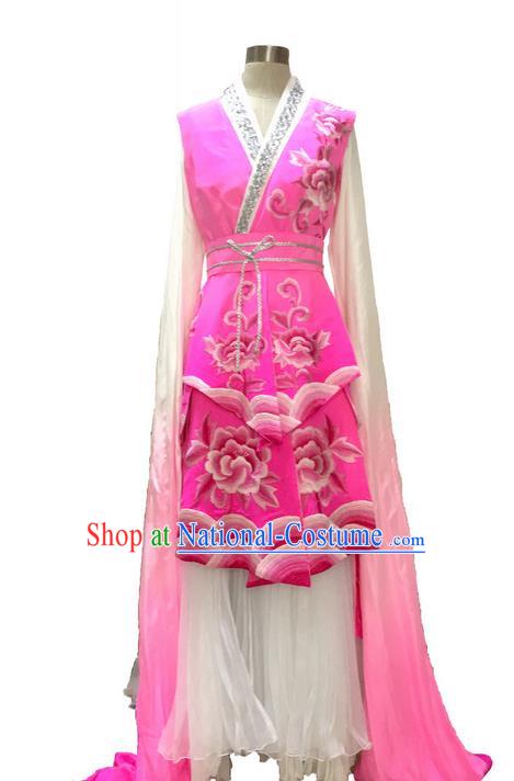 Traditional Chinese Ancient Peking Opera Long Water Sleeve Dancing True Silk Pink Costume, Classical Folk Dance Costume Drum Dance Clothing for Women