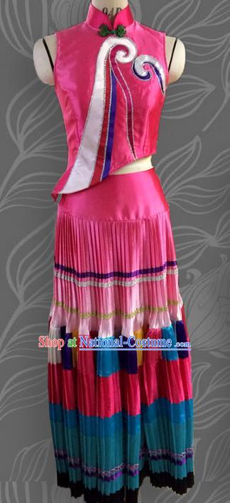 Traditional Chinese Yi Nationality Dancing Costume, Female Folk Dance Ethnic Pleated Skirt, Chinese Yi Minority Nationality Embroidery Costume for Women