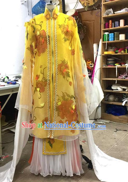 Traditional Chinese Ancient Peking Opera Diva Water Sleeve Dancing Yellow Costume, Classical Folk Dance Costume Drum Dance Clothing for Women