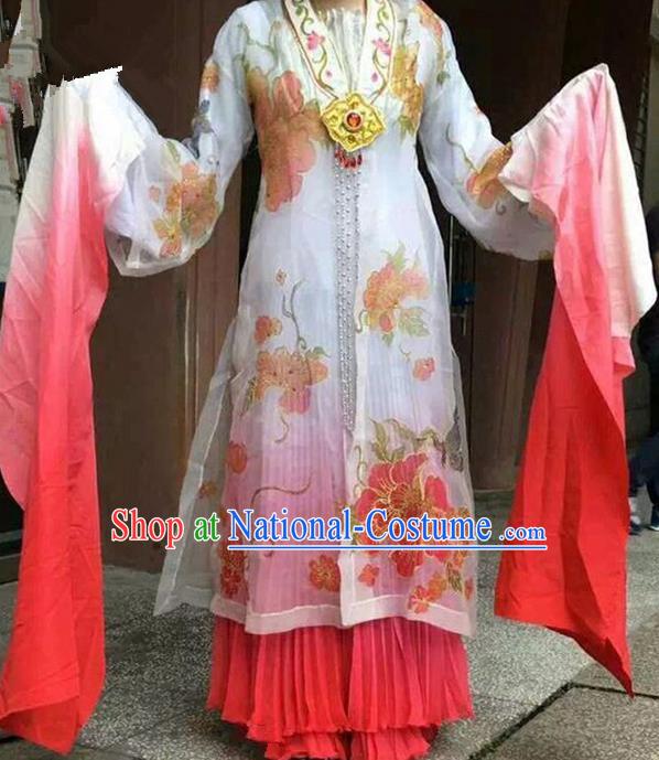 Traditional Chinese Ancient Peking Opera Diva Long Water Sleeve Dancing Costume Complete Set, Classical Folk Dance Costume Drum Dance Clothing for Women