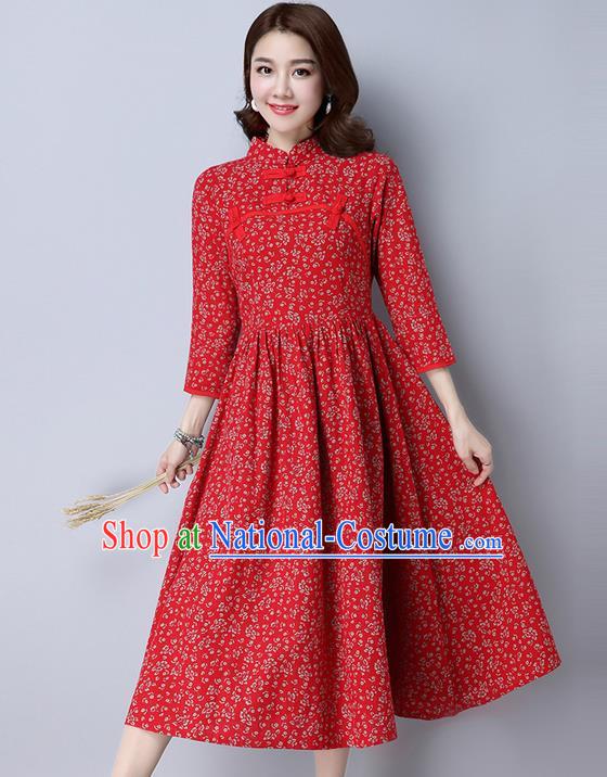 Traditional Ancient Chinese National Costume, Elegant Hanfu Floral Qipao Linen Stand Collar Red Dress, China Tang Suit Cheongsam Upper Outer Garment Elegant Dress Clothing for Women