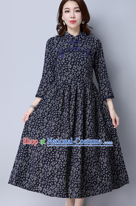 Traditional Ancient Chinese National Costume, Elegant Hanfu Floral Qipao Linen Stand Collar Navy Dress, China Tang Suit Cheongsam Upper Outer Garment Elegant Dress Clothing for Women