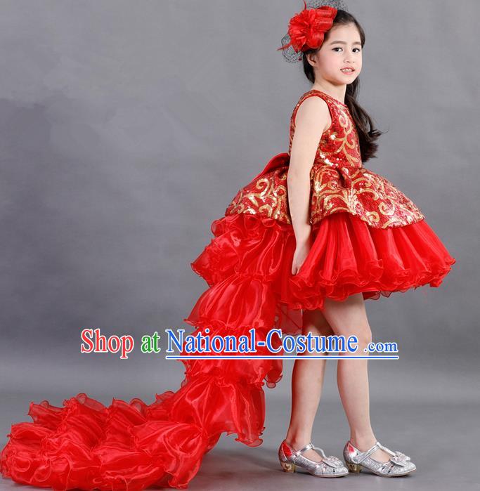 Traditional Chinese Modern Dancing Compere Costume, Children Opening Classic Chorus Singing Group Dance Paillette Uniforms, Modern Dance Classic Dance Red Trailing Dress for Girls Kids