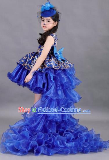 Traditional Chinese Modern Dancing Compere Costume, Children Opening Classic Chorus Singing Group Dance Paillette Uniforms, Modern Dance Classic Dance Blue Trailing Dress for Girls Kids