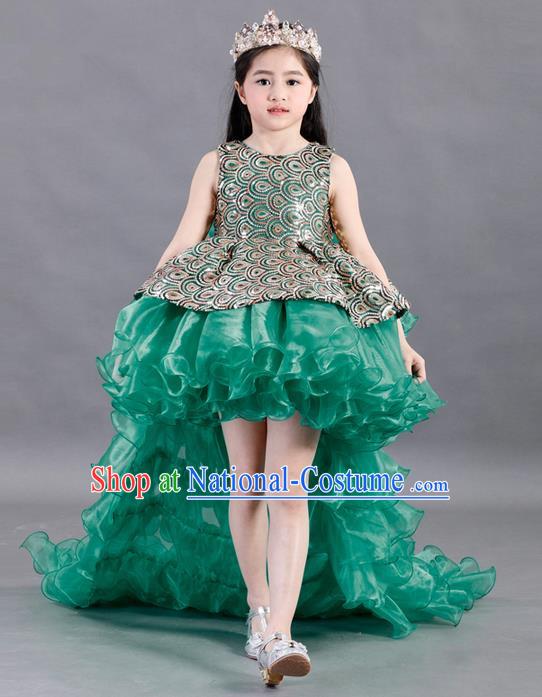 Traditional Chinese Modern Dancing Compere Costume, Children Opening Classic Chorus Singing Group Dance Paillette Uniforms, Modern Dance Classic Dance Green Trailing Dress for Girls Kids