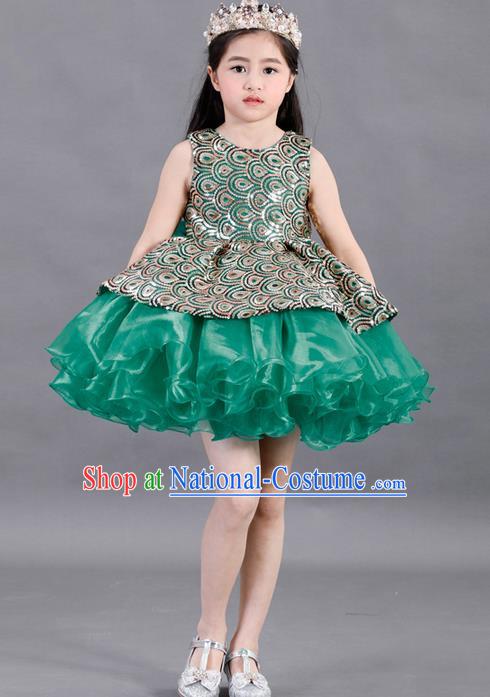 Traditional Chinese Modern Dancing Compere Costume, Children Opening Classic Chorus Singing Group Dance Paillette Uniforms, Modern Dance Classic Dance Green Bubble Dress for Girls Kids