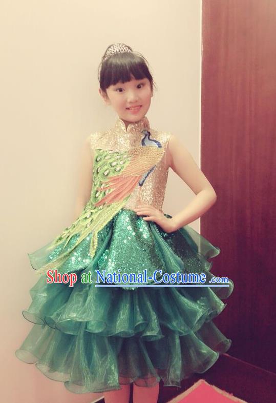 Traditional Chinese Modern Dancing Performance Costume, Children Opening Classic Chorus Singing Group Dance Phoenix Paillette Uniforms, Modern Dance Classic Dance Green Bubble Dress for Girls Kids