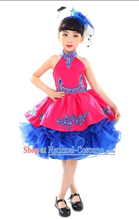 Traditional Chinese Modern Dancing Performance Costume, Children Opening Classic Chorus Singing Group Dance Uniforms, Modern Dance Classic Dance Pink Bubble Dress for Girls Kids