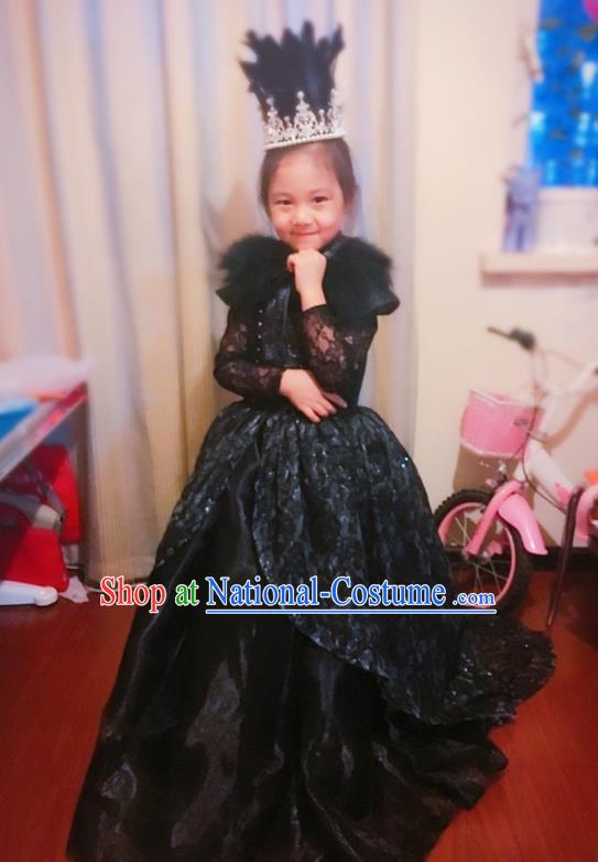 Traditional Chinese Modern Dancing Compere Costume, Children Opening Classic Chorus Singing Group Dance Veil Dress, Modern Dance Classic Dance Black Trailing Dress for Girls Kids