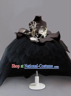 Traditional Chinese Modern Dancing Compere Costume, Children Opening Classic Chorus Singing Group Dance Embroidery Feather Dress, Modern Dance Classic Dance Black Bubble Dress for Girls Kids