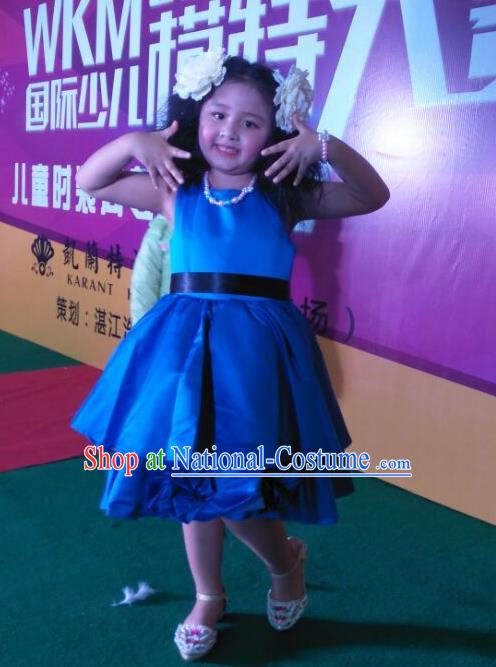 Traditional Chinese Modern Dancing Compere Performance Costume, Children Opening Classic Chorus Singing Group Dance Satin Dinner Dress, Modern Dance Classic Dance Blue Bubble Dress for Girls Kids