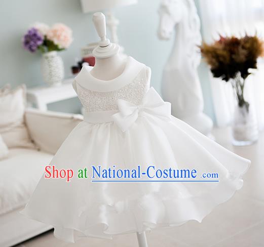 Traditional Chinese Modern Dancing Compere Performance Costume, Children Opening Classic Chorus Singing Group Dance Bowknot Dinner Dress, Modern Dance Classic Dance White Bubble Dress for Girls Kids