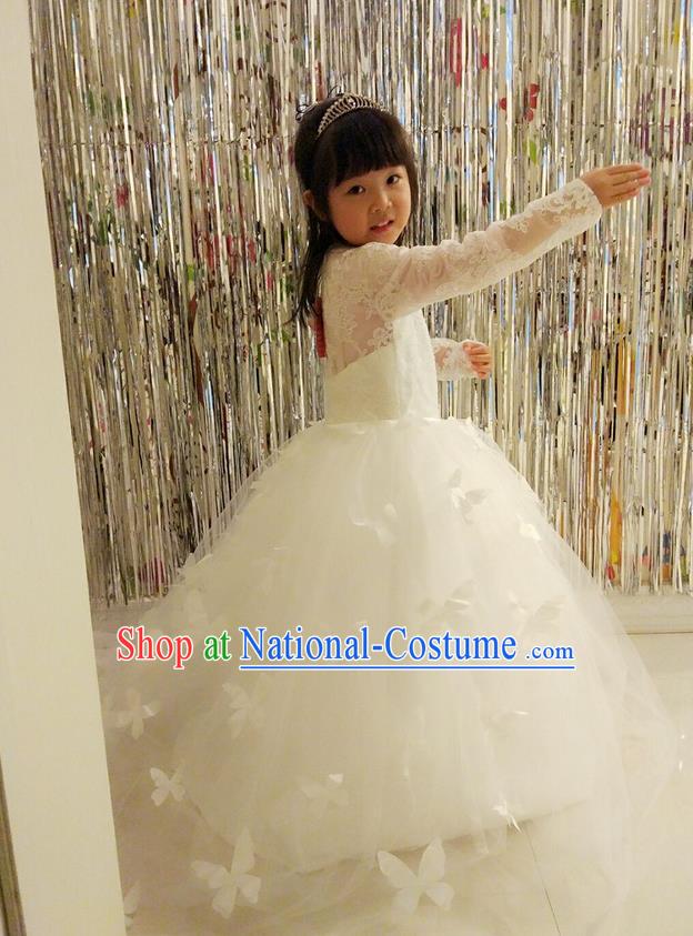 Traditional Chinese Modern Dancing Compere Performance Costume, Children Opening Classic Chorus Singing Group Dance Veil Evening Dress, Modern Dance Classic Dance White Trailing Dress for Girls Kids