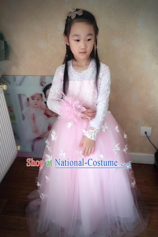 Traditional Chinese Modern Dancing Compere Performance Costume, Children Opening Classic Chorus Singing Group Dance Veil Evening Dress, Modern Dance Classic Dance Pink Trailing Dress for Girls Kids