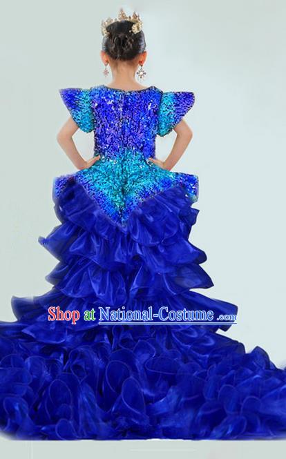 Traditional Chinese Modern Dancing Compere Performance Costume, Children Opening Classic Chorus Singing Group Dance Veil Evening Dress, Modern Dance Classic Dance Blue Trailing Dress for Girls Kids