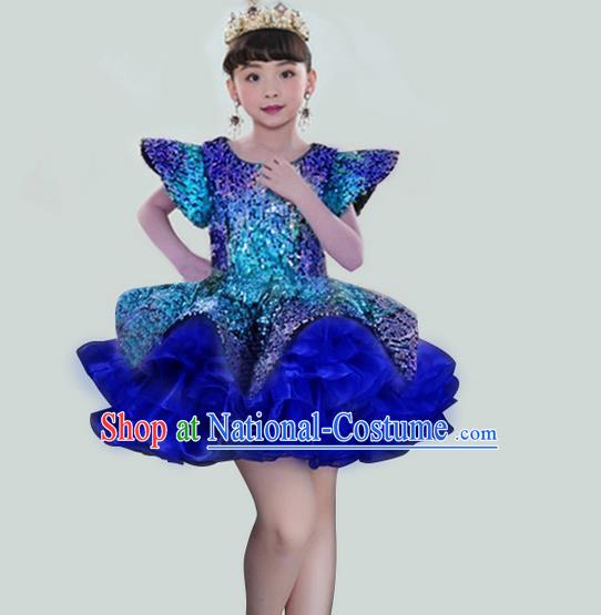 Traditional Chinese Modern Dancing Compere Performance Costume, Children Opening Classic Chorus Singing Group Dance Veil Evening Dress, Modern Dance Classic Dance Blue Bubble Dress for Girls Kids