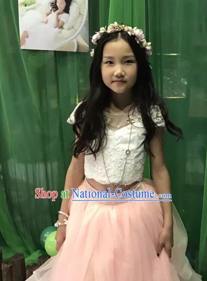 Traditional Chinese Modern Dancing Compere Performance Costume, Children Opening Classic Chorus Singing Group Dance Long Pink Veil Evening Dress, Modern Dance Classic Dance Bubble Dress for Girls Kids