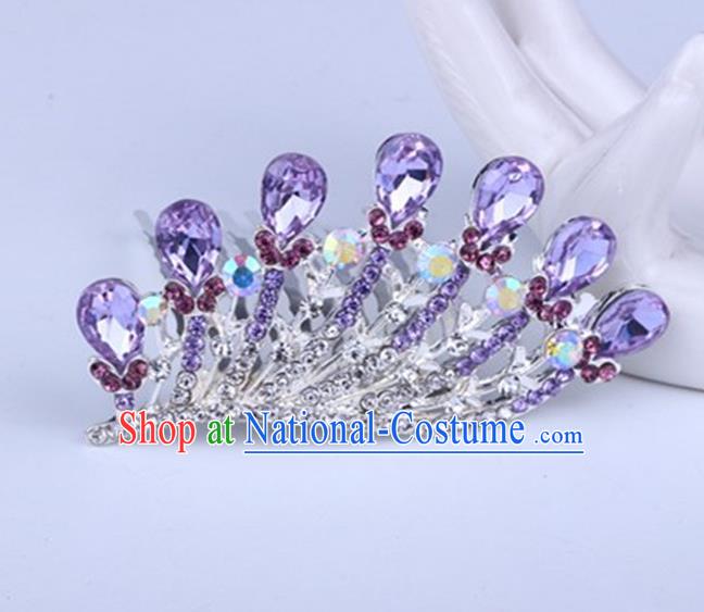 Top Grade Handmade Chinese Classical Hair Accessories, Children Baroque Style Headband Princess Royal Crown Purple Rhinestone Coronet, Hair Sticks Hair Jewellery, Hair Clasp for Kids Girls